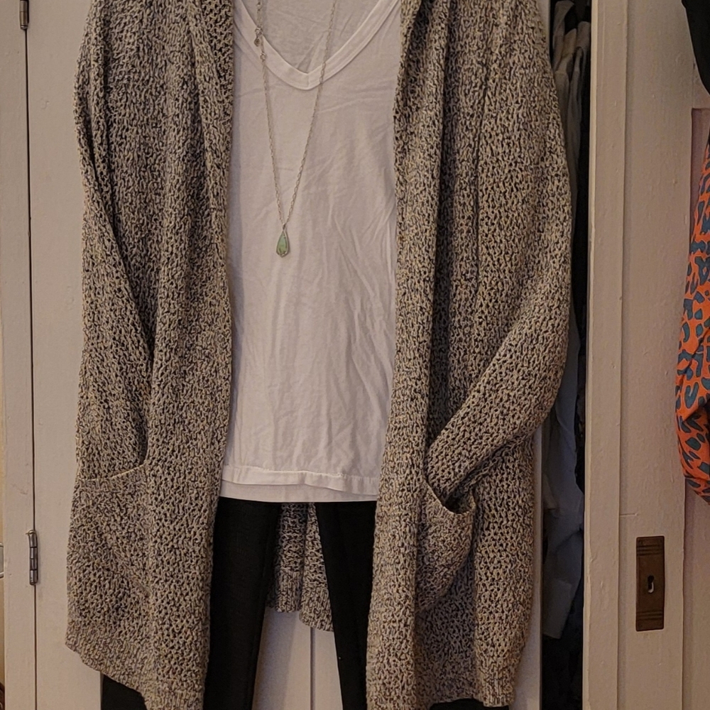 Soft Joie long sweater.  Gray and white.   Long sleeve with pockets and hoodie.
